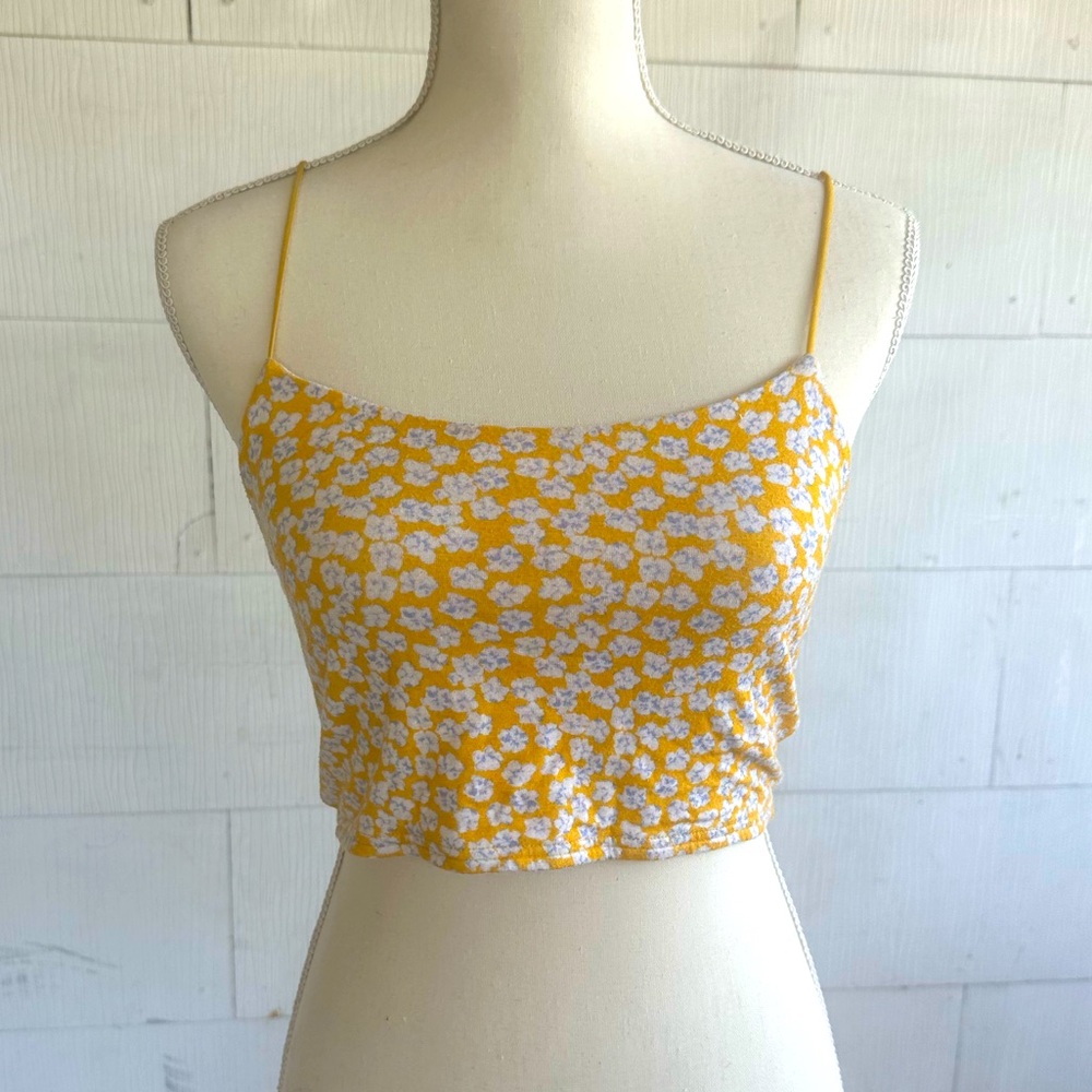 PacSun Basics Mustard Yellow White Marigold Tank top Shirt Crop Top Floral M